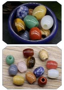 Polished natural crystal and agate barrel beads in a blue ceramic bowl for jewelry DIY