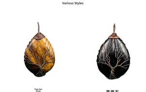 Détail de pendentifs en œil de tigre et obsidienne avec fil de bronze en arbre de vie