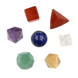 7-piece set of polished natural crystal geometric shapes including spheres and pyramids
