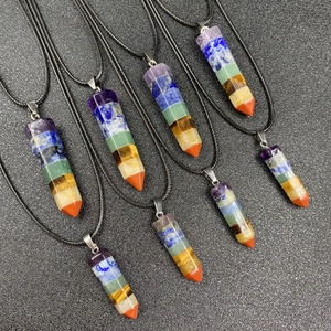 Seven chakra natural stone hexagonal pillar pendant necklace with adjustable wax cord