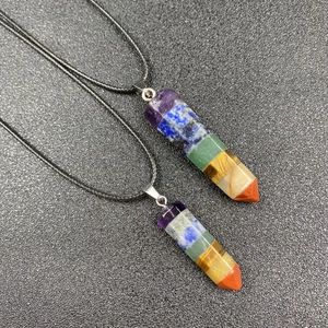 Handmade 7 chakra natural stone hexagonal prism pendant necklace with black cord