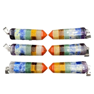 Set of 6 hexagonal seven chakra crystal pendants with silver metal clasps