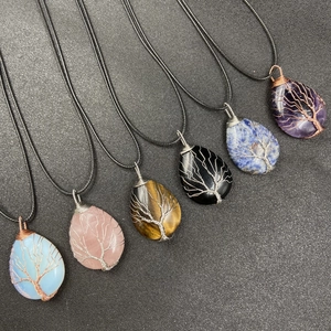 Collier Pendentif Arbre De Vie Enveloppé De Fil Larme Pierre Gemme Cristal Bijoux Pierre De Guérison Vintage