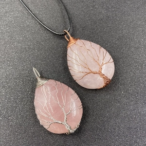 Pendentifs Arbre de Vie en quartz rose avec fil de cuivre et d'argent fait main