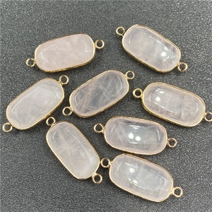Natural Rose Quartz Pendant Connector Rectangular Gold Plated Inlaid Gemstone Double Ring DIY Jewelry Making Finding