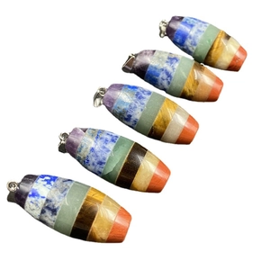 Set of 5 7-chakra natural crystal stone pendants with layered gemstones and metal clasps