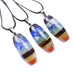 Chakra stone pendulum necklace with seven natural colorful crystals on black cord
