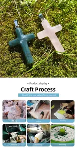 Detail showing the six-step crafting process of natural rose quartz and agate cross pendants