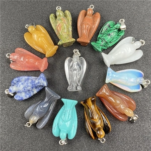 Carved Angel Pendant Natural Crystal Gemstone Healing Stone Spirit Guardian Protection Jewelry With Metal Bail