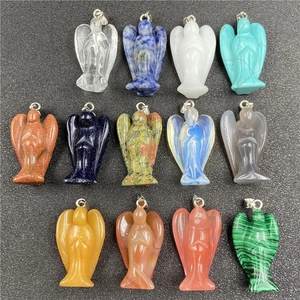 Collection of 13 colorful natural crystal angel pendants with metal loops for necklaces