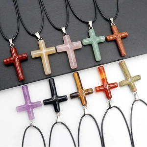 Set of 10 natural gemstone cross pendants with quartz and agate on black cords