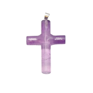 Polished purple amethyst stone cross pendant with silver metal clasp on white background
