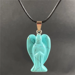 Natural turquoise angel pendant necklace with silver clasp on black cord for protection