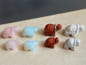 Detailed set of 2-inch carved gemstone turtles in rose quartz and various healing stones