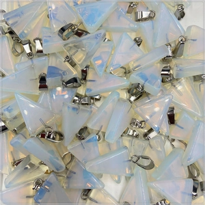 Bulk display of triangular opal pendants with silver clasps and shimmering blue hues