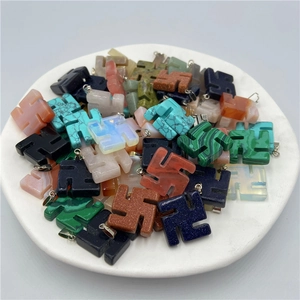 Wan Symbol Buddhist Pendant Natural Gemstone Crystal Agate Religious Charm With Metal Bail For DIY Jewelry Making