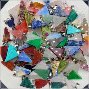 Detailed assortment of multi-colored triangle stone pendants with silver metal clasps