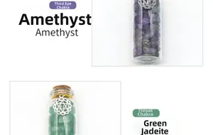 Makroansicht der Kristall-Wunschflaschen mit Amethyst und Aventurin zur Chakra-Heilung
