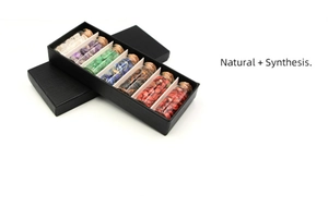 Detailed set of 7 natural and synthetic crystal stones in corked glass jars with gift box