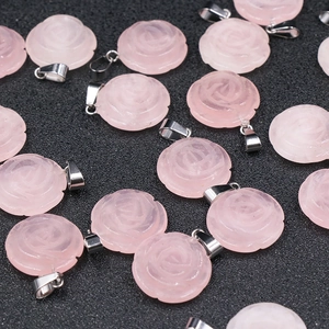 Collier Pendentif Fleur De Rose En Quartz Rose Naturel Avec Cordon De Cire Noir Bijoux Floraux