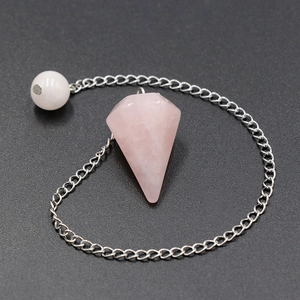 Natural rose quartz hexagonal pendulum with silver chain for healing and meditation
