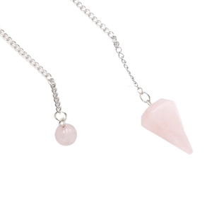 Natural rose quartz hexagonal cone pendulum necklace with silver chain and small bead