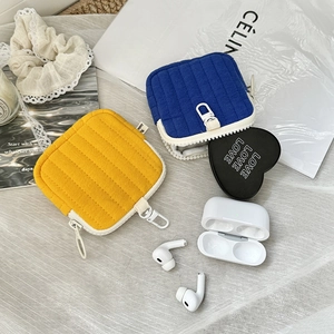 Quilted Square Coin Purse Polyester Cotton Earphone Storage Pouch With Hook Zipper Minimalist Ins Style Unisex