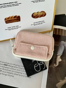 Pink checkered portable mini pouch with large zipper for data cables and cosmetics