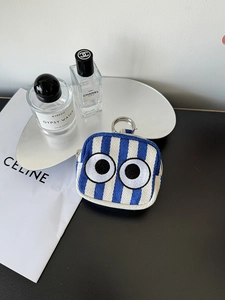 Mini blue striped coin pouch with embroidered big eyes, metal zipper, and keychain hook