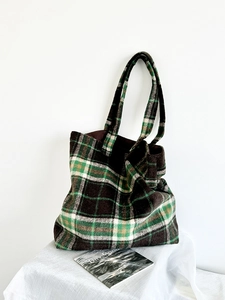 Large capacity plaid wool tote bag in green and brown for women's daily commute