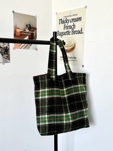 Classic green and brown plaid wool tote bag for women featuring large capacity and retro style