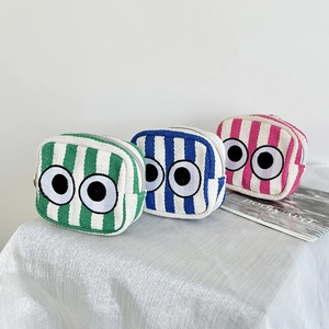 Mini Striped Polyester Cotton Coin Purse With Large Eyes Embroidery Zipper Closure Metal Ring Hanging Bag For Women Girls