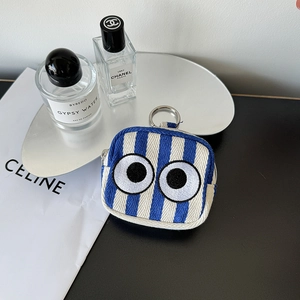 Mini blue striped canvas pouch with eye embroidery, zipper closure and metal keychain