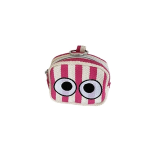 Mini striped canvas coin purse with embroidered big eyes and metal key ring loop