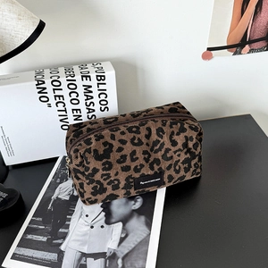 Stylish leopard print corduroy makeup bag with large capacity and zipper closure