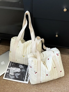 Women Quilted Tote Bag Embroidered Polyester Large Capacity Mommy Bag Casual Shoulder Handbag Zipper Closure