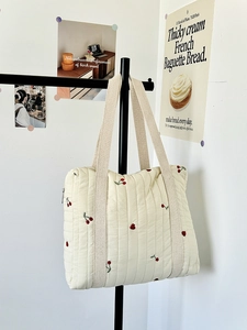 Ins style cream quilted tote bag with red cherry embroidery and large capacity strap