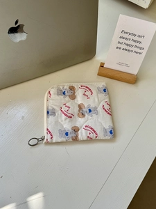 Quilted cotton L-shaped organizer bag with cute dog print and metal ring zipper