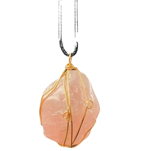 Handmade rose quartz raw stone pendant wrapped in gold wire with black braided necklace