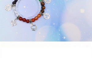 Macro shot of chakra bracelet with natural crystal beads and metallic pendants on stand