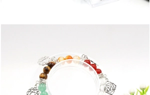 Macro view of 7 chakra healing crystal bracelet with tiger eye stones and tree of life charms
