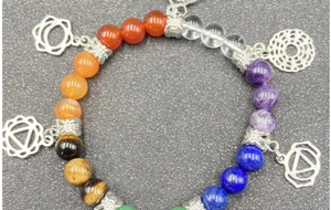 Macro shot of 7 chakra crystal beads with silver geometric charms on textured background