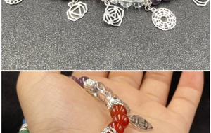 Detail of 7 chakra natural stone bracelet with yoga symbol charm on elastic cord