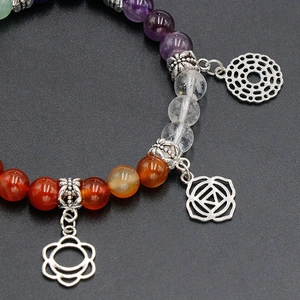 Chakra yoga bracelet with natural crystal beads and silver symbolic pendants