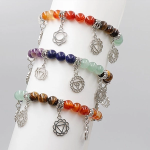 Three-piece yoga chakra natural crystal stone bracelet set with mandala pendants