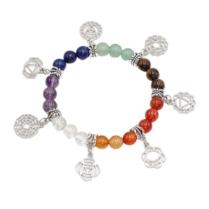 Handmade seven chakra healing crystal bracelet with multi-color natural stones and silver charms