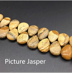 Detail of teardrop picture jasper beads showing natural earthy landscape patterns