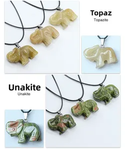 Pendentifs éléphants sculptés en pierres naturelles Topazite et Unakite avec cordon