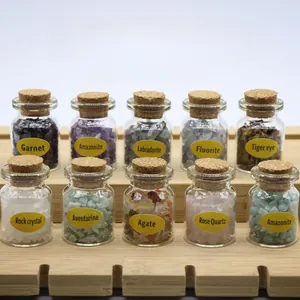 Detailed set of 10 natural crystal mineral specimens in glass jars on a wooden stand