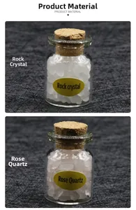 Macro detail of Rose Quartz and Rock Crystal chips in small corked glass bottles